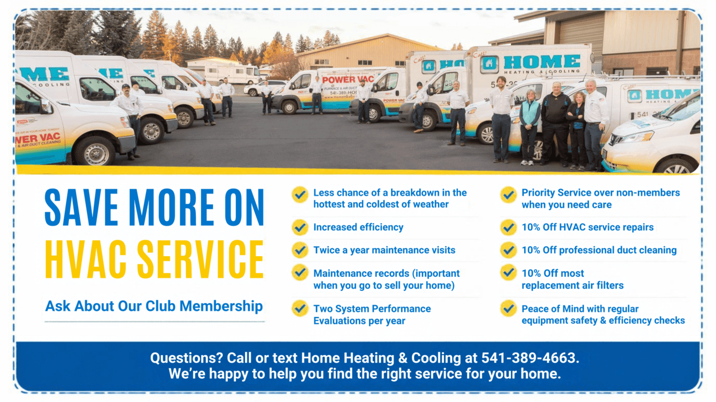 Save more on HVAC service. Ask about our Club Membership: priority service, 10% off HVAC service repairs, 10% off professional duct cleaning, 10% off most replacement air filters, twice-a-year maintenance visits, two system performance evaluations per year, and maintenance records.